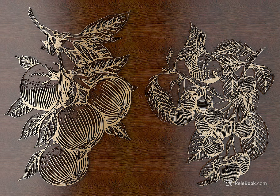 Intricate Carved Patterns On Wooden Background With Fruits And Leaves 3d model 