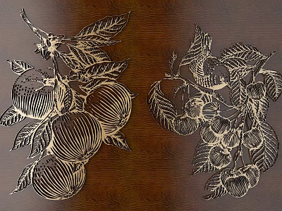 Intricate Carved Patterns On Wooden Background With Fruits And Leaves 3d model