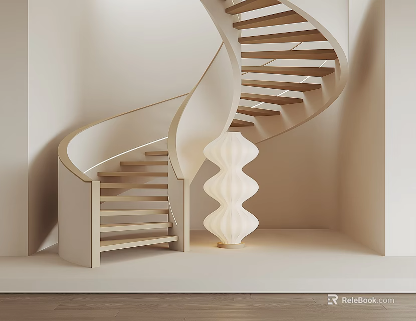 Elegant Modern Spiral Staircase Interior With Pleated White Lamp And Light Wood Steps 3d model 