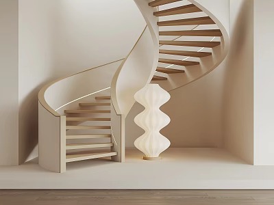 Elegant Modern Spiral Staircase Interior With Pleated White Lamp And Light Wood Steps 3d model