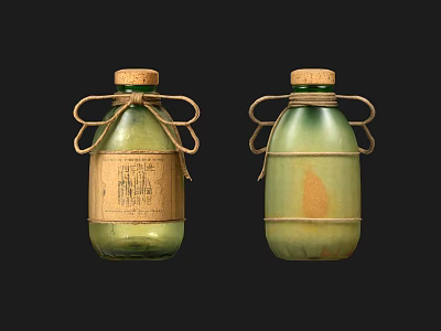 Traditional Green Ceramic Bottles With Wooden Corks Twine Wrapping And Paper Labels 3d model
