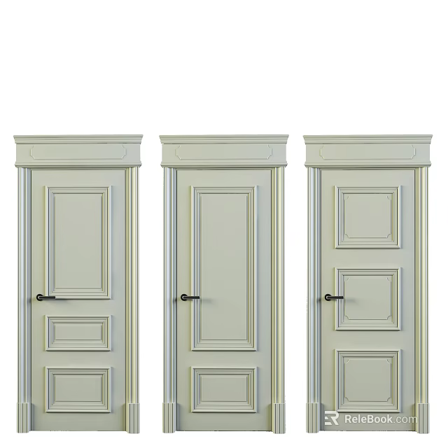 Light Colored Interior Hinged Doors With Various Panel Designs And Black Handles 3d model