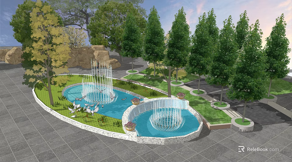 Outdoor Park Fountain with Circular Pool and Multi Tiered Jets in Landscaped Garden 3d model 
