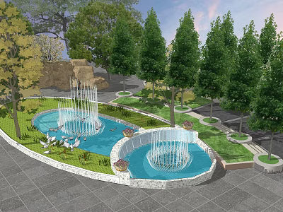 Outdoor Park Fountain with Circular Pool and Multi Tiered Jets in Landscaped Garden 3d model
