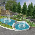 Outdoor Park Fountain with Circular Pool and Multi Tiered Jets in Landscaped Garden
