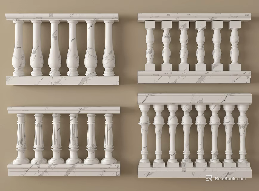 Elegant White Marble Railings With Various Classical Column Designs For Decor 3d model 