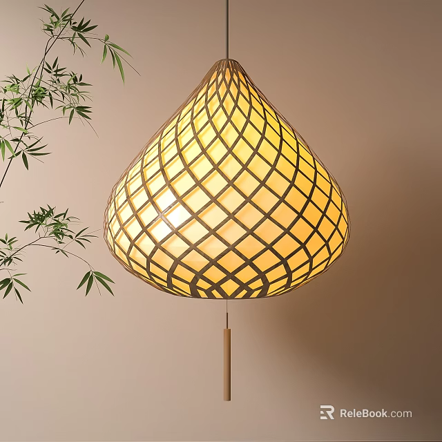 Bamboo Woven Teardrop Shaped Lantern With Warm Yellow Light And Bamboo Leaves 3d model 