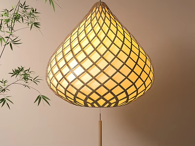Bamboo Woven Teardrop Shaped Lantern With Warm Yellow Light And Bamboo Leaves 3d model