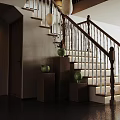 Staircase With Wooden Handrail White Steps Pendant Lights And Decorative Painting In Modern Interior