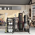Durable Black Metal Storage Basket Organizing Golf Bags Shoes Near Bicycle and Bookshelf