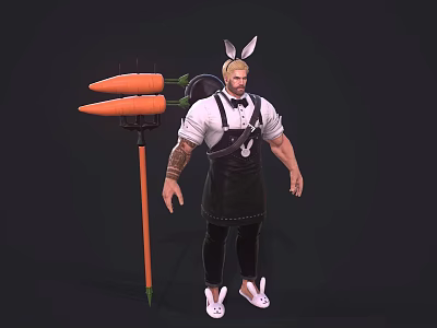 Anthropomorphic Bunny Character With Muscular Build Overalls Bow Tie And Giant Carrot Weapon 3d model
