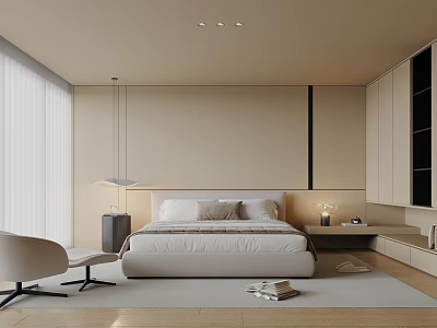 Modern Bedroom Interior Design With Light Walls Large Bed Floor to Ceiling Windows And Area Rug 3d model