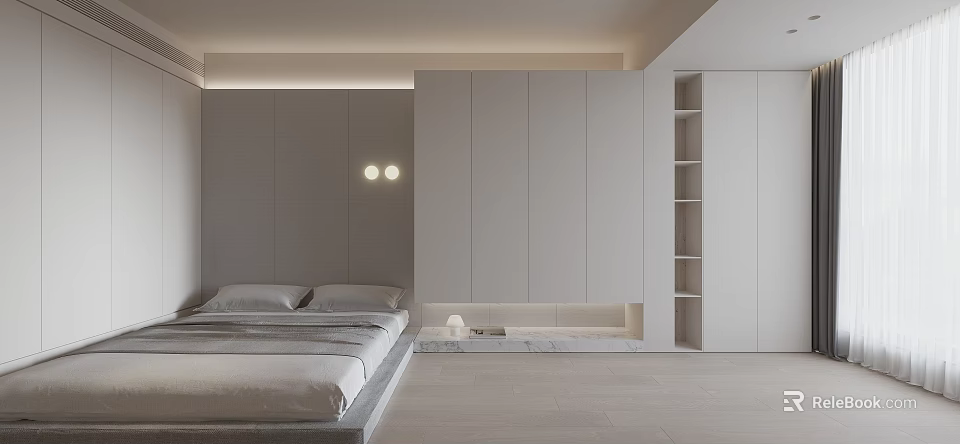 Minimalist Modern Tatami Bedroom Interior With Tatami Bed Storage Cabinets And Built-in Lighting 3d model 