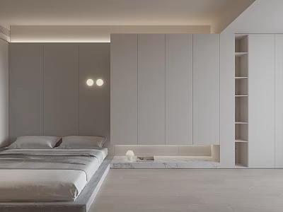 Minimalist Modern Tatami Bedroom Interior With Tatami Bed Storage Cabinets And Built-in Lighting 3d model