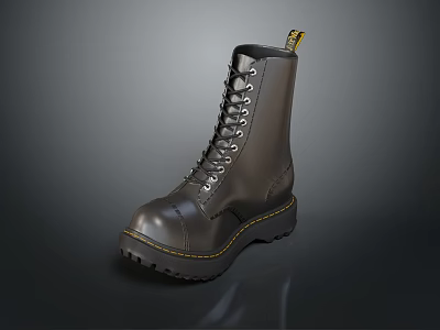 Black combat boots high top lace up with thick sole round toe and yellow stitching 3d model