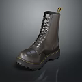 Black combat boots high top lace up with thick sole round toe and yellow stitching