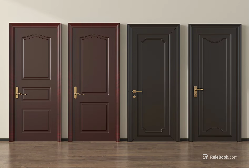 Dark Brown And Black Hinged Doors With Golden Handles And Panel Designs In Interior 3d model 