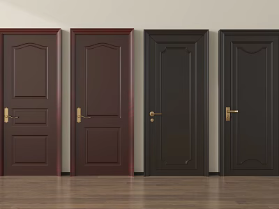 Dark Brown And Black Hinged Doors With Golden Handles And Panel Designs In Interior 3d model