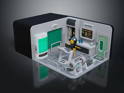 Cartoon Scene Of Miniature Control Room With Green Screens Robot Character And Control Consoles 3d model