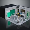 Cartoon Scene Of Miniature Control Room With Green Screens Robot Character And Control Consoles