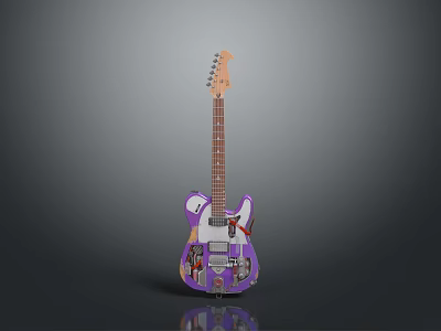 Stylish Purple Electric Guitar With Colorful Patterns For Home Decoration 3d model