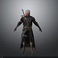 Silver Haired Man With Red Facial Markings Wearing Dark Long Coat Leather Belt And Weapons