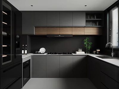 Modern Kitchen Interior With Gray Cabinets Black Backsplash Wooden Accents And Window Blinds 3d model