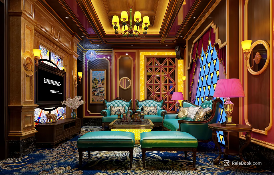 Luxurious KTV Room Interior With Elegant Chandelier Stained Glass Windows And Comfortable Sofas 3d model 