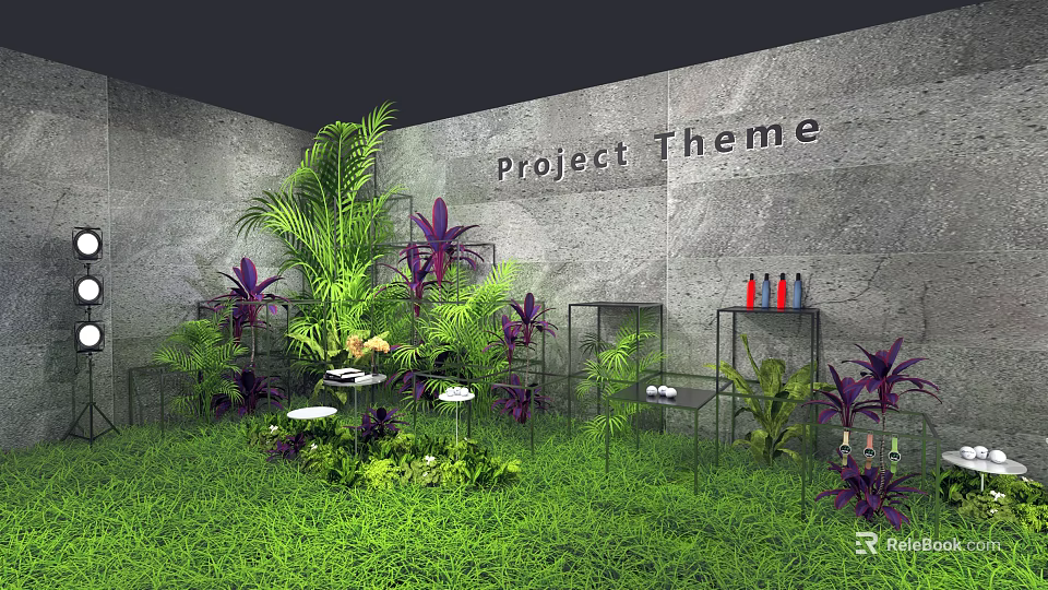 Modern Display Shelves With Lush Greenery And Potted Plants In Indoor Garden 3d model 