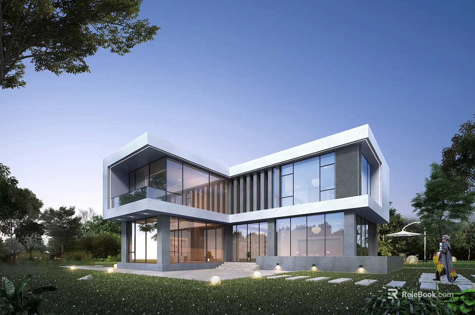 Modern Single Family Villa Exterior Design With Glass Walls And Landscaping 3d model 