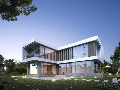 Modern Single Family Villa Exterior Design With Glass Walls And Landscaping 3d model