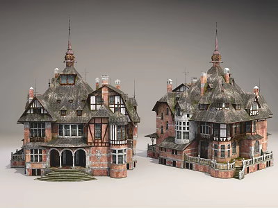 Ancient Building With Brick Structure Spire Roofs Arched Porch And Multi layered Windows 3d model