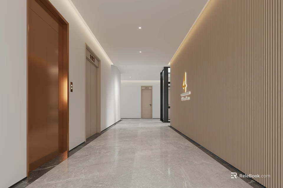 Modern Office Corridor with Elevators Vertical Striped Walls Marble Floor Lighting and Signage 3d model 