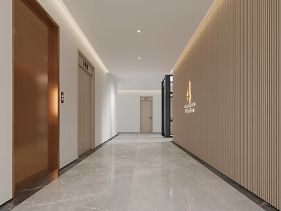 Modern Office Corridor with Elevators Vertical Striped Walls Marble Floor Lighting and Signage 3d model