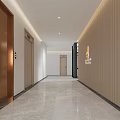 Modern Office Corridor with Elevators Vertical Striped Walls Marble Floor Lighting and Signage