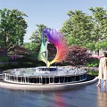 Colorful Feather Shaped Sculpture as Centerpiece in Circular Fountain with Trees and Flowers