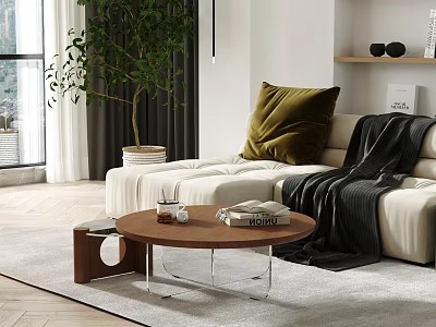 Modern Living Room Sofa And Coffee Table Set With Green Cushions Black Throw And Plant 3d model
