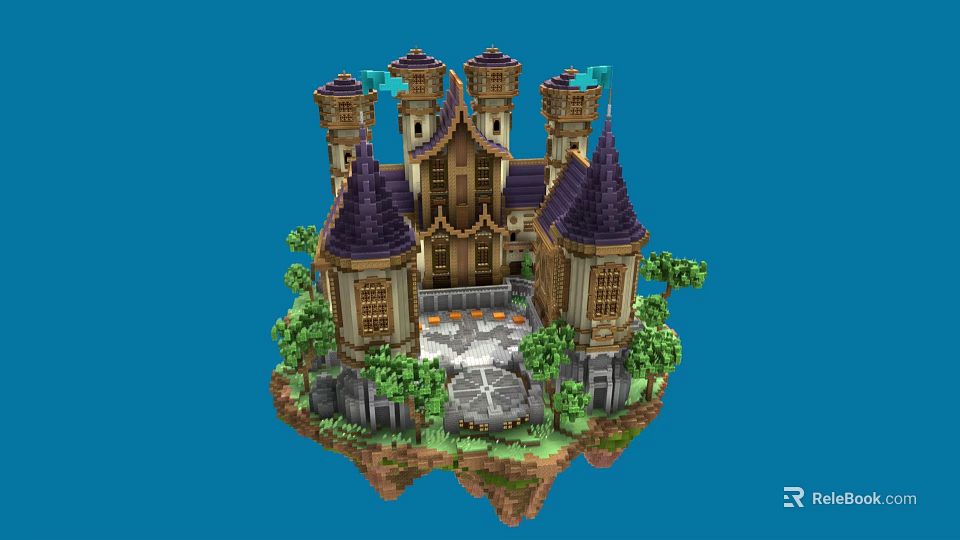 Cartoon Castle On Floating Island With Purple Spires Green Trees And Stone Ground 3d model 