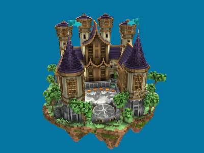 Cartoon Castle On Floating Island With Purple Spires Green Trees And Stone Ground 3d model
