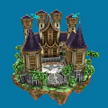 Cartoon Castle On Floating Island With Purple Spires Green Trees And Stone Ground