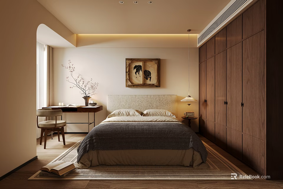 Warm Modern Bedroom Interior With Wooden Wardrobe Bed Nightstand Lamp And Artwork 3d model 