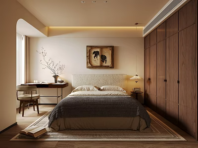 Warm Modern Bedroom Interior With Wooden Wardrobe Bed Nightstand Lamp And Artwork 3d model