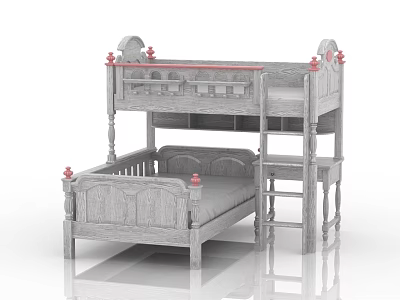 Wooden Bunk Bed With Carved Design Red Decorative Knobs And Ladder 3d model