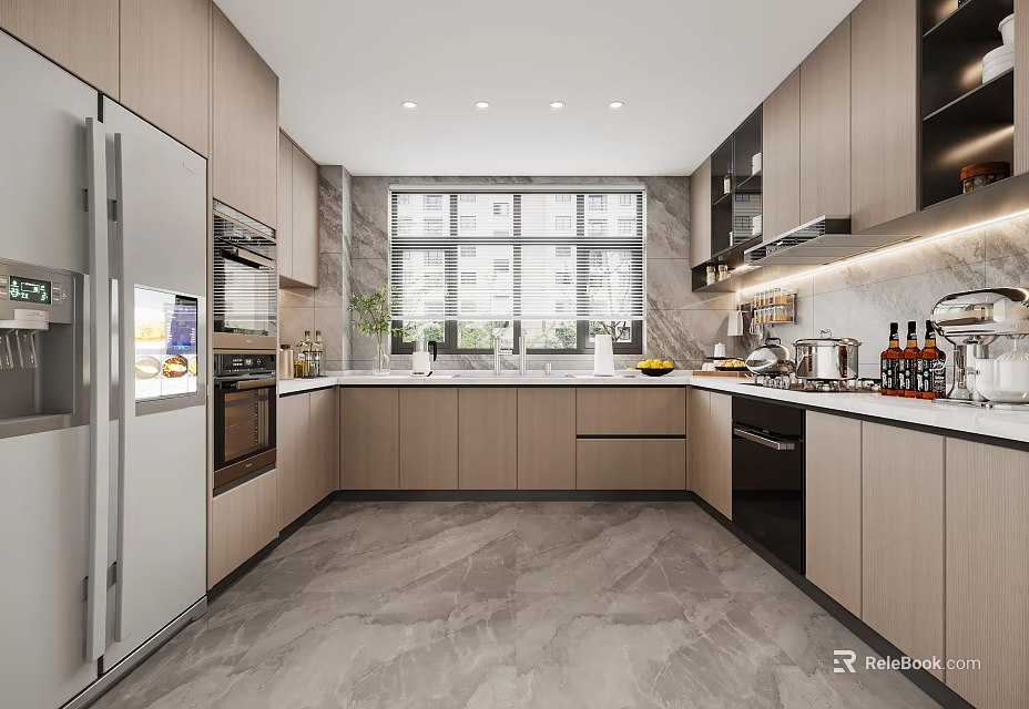 Modern Kitchen Interior With Light Cabinets Large Windows And Appliances 3d model