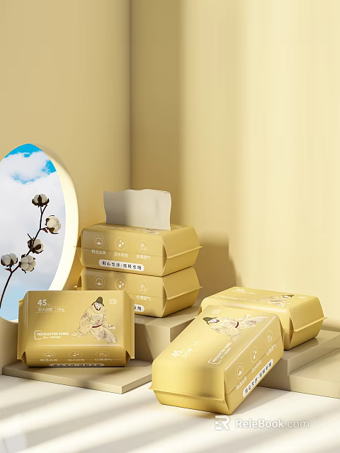 Natural Cotton Tissues With Golden Packaging Stacked By Window And Cotton Branch 3d model 