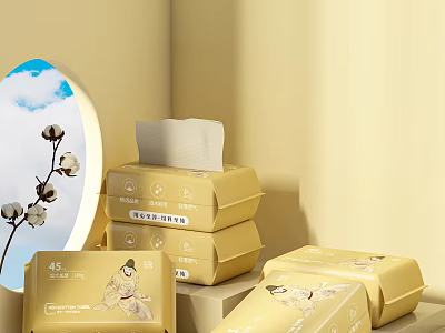 Natural Cotton Tissues With Golden Packaging Stacked By Window And Cotton Branch 3d model