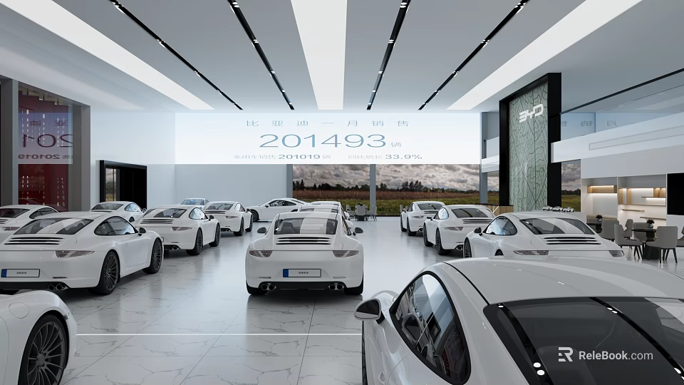 Modern Car Dealership Showroom Interior With New White Cars Neatly Arranged In Spacious Design 3d model 