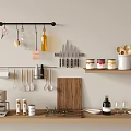 Organized Kitchen Wall Storage With Hanging Utensils Knives Wooden Cutting Board Glass Jars And Spoons