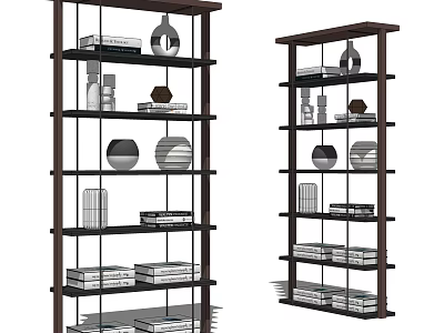 Dark Wood Open Shelf Bookshelf With Multiple Layers And Decorative Items 3d model