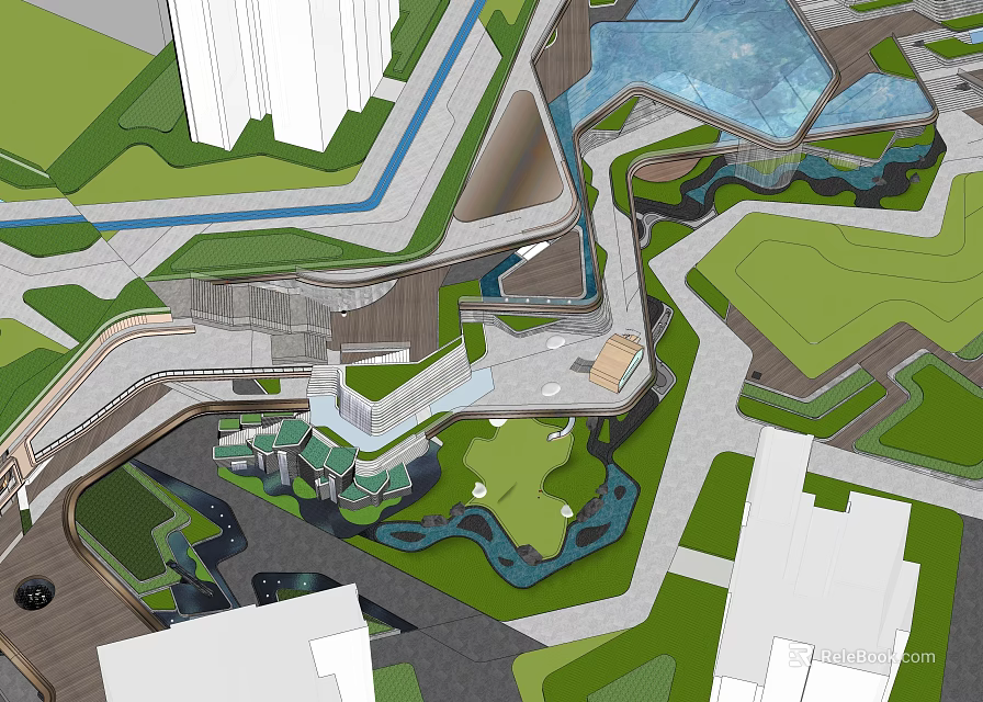 Modern Residential Building Complex With Landscaped Gardens Water Features And Pedestrian Paths 3d model 